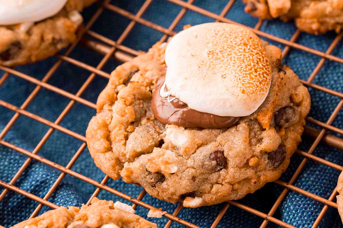 S'Mores Thumbprint Cookies on a cooling rack.
