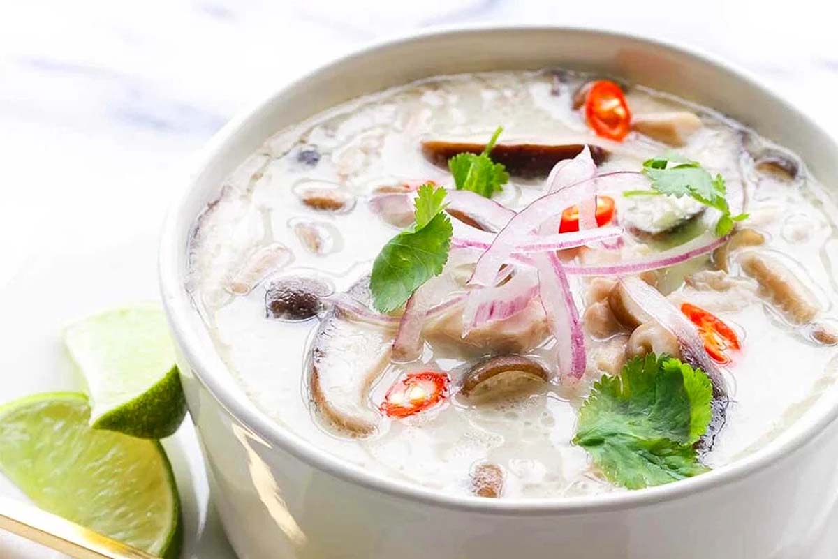 A Slow Cooker Soup with mushrooms, onions and lime.