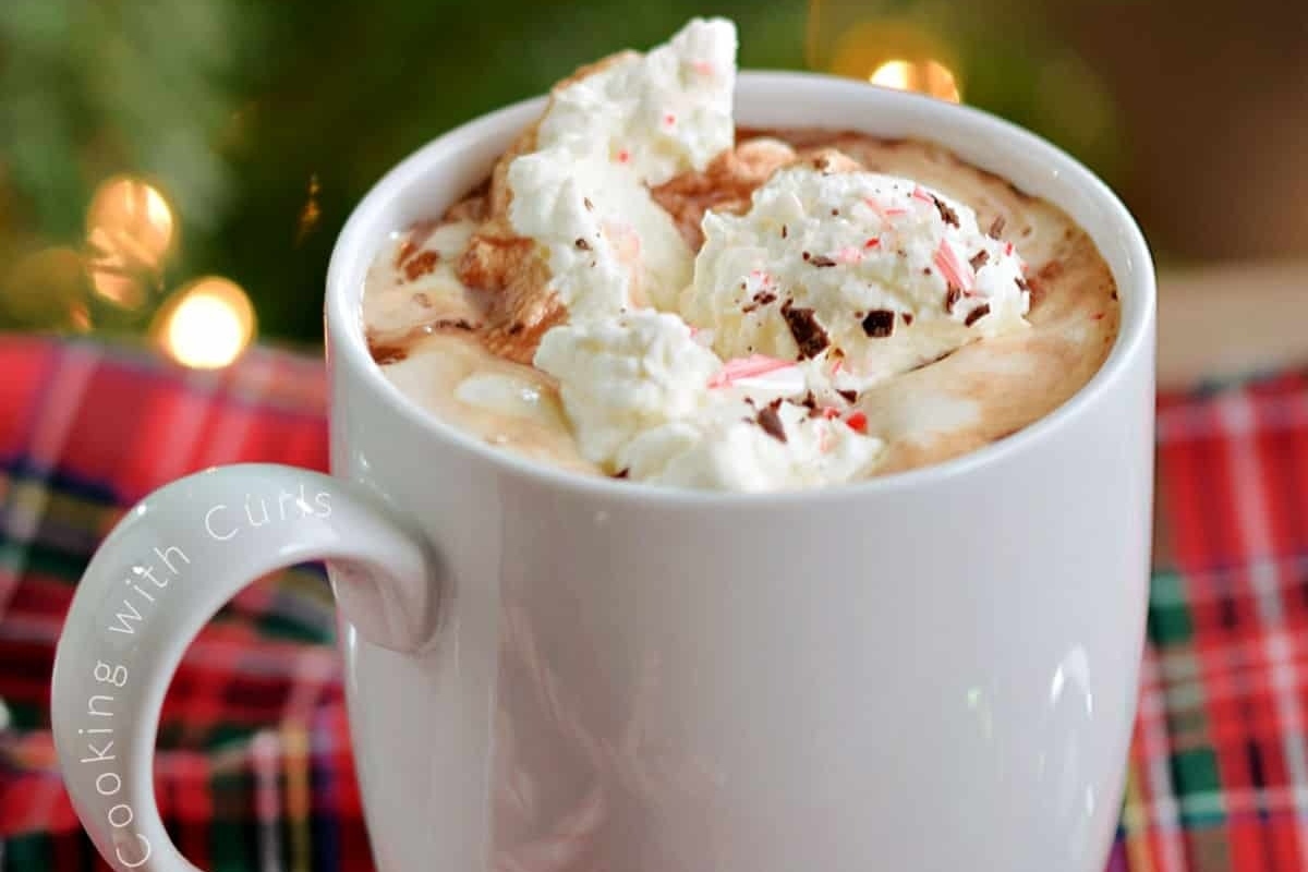 A mug of cocoa with whipped cream and peppermint.