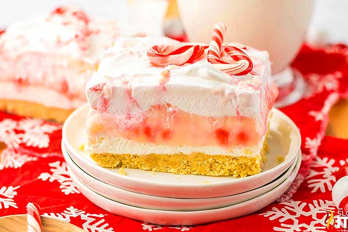 A slice of candy cane ice cream cake on a plate, perfect for a festive dessert.