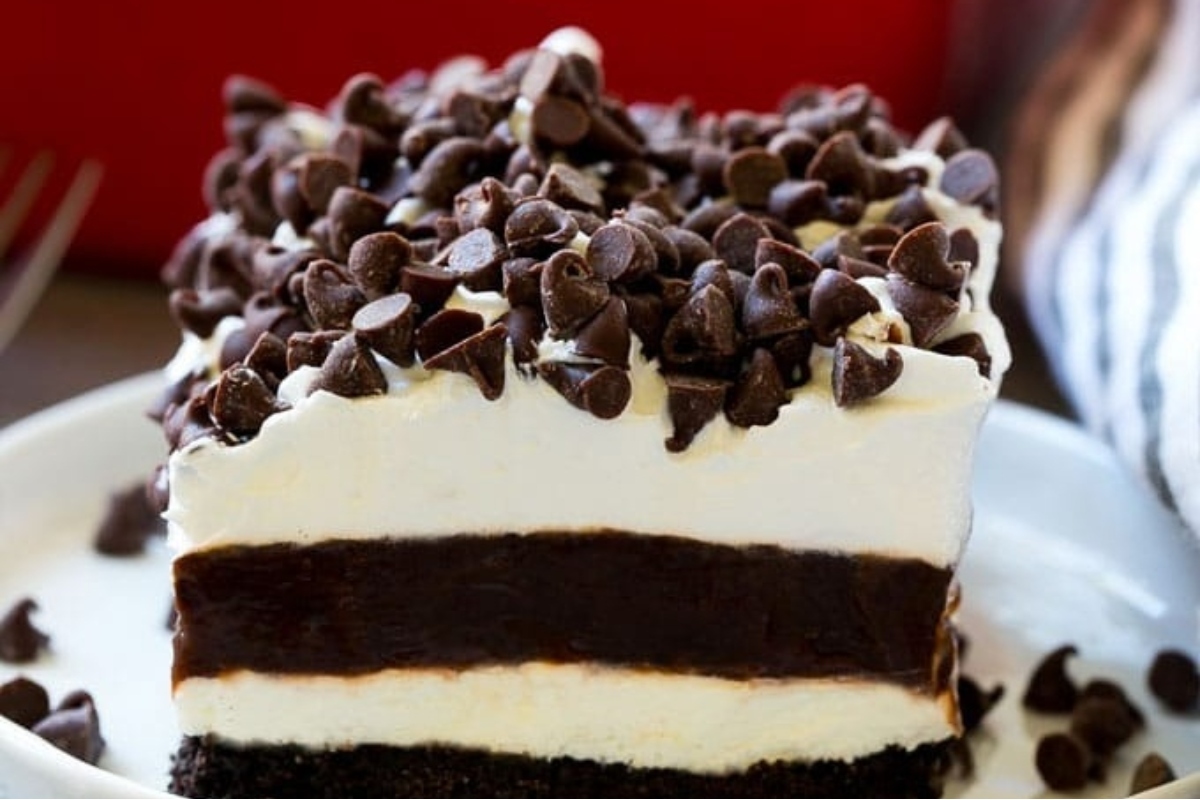 A decadent slice of chocolate ice cream cake on a plate.