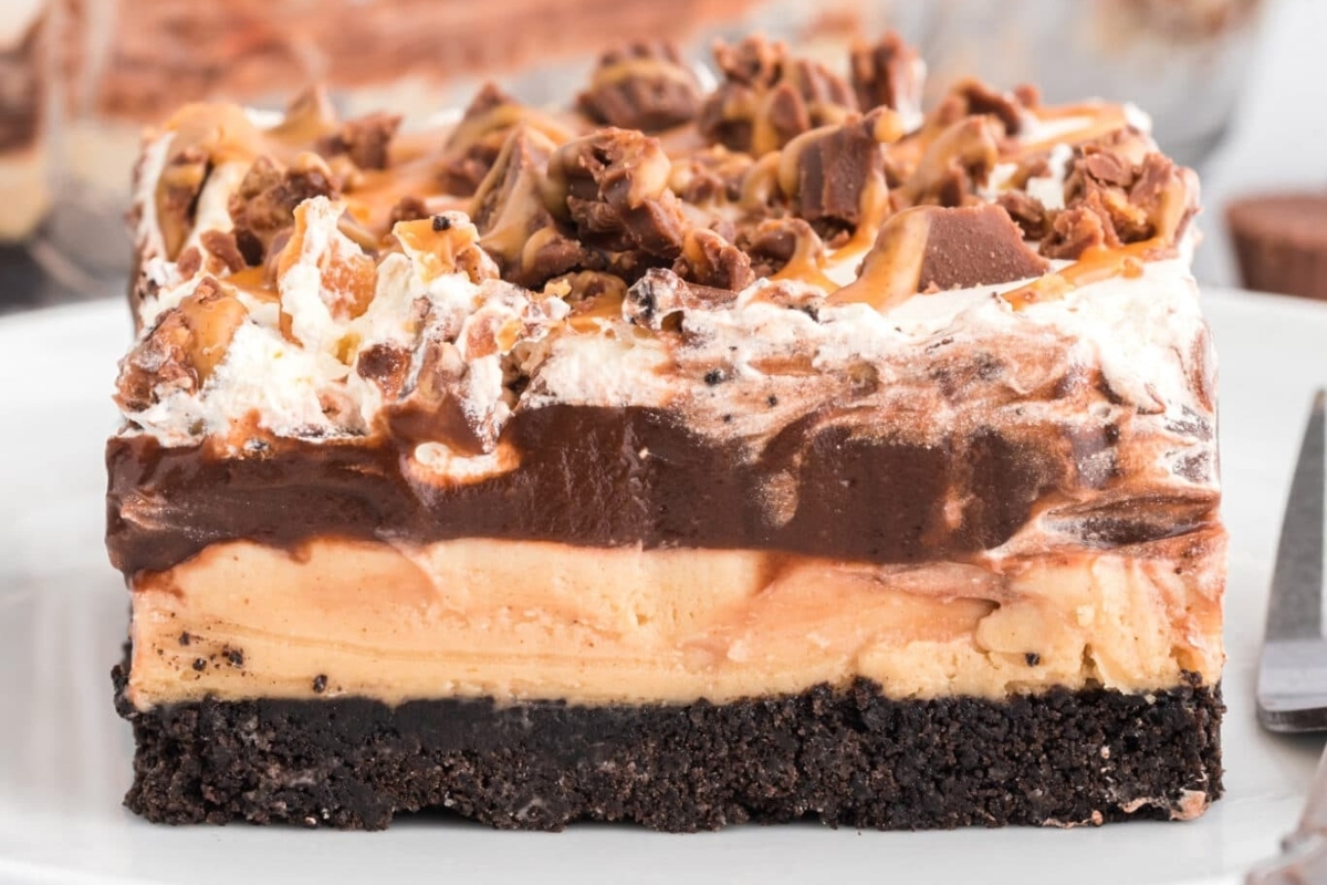 A decadent dessert, a piece of chocolate peanut butter pie on a plate.