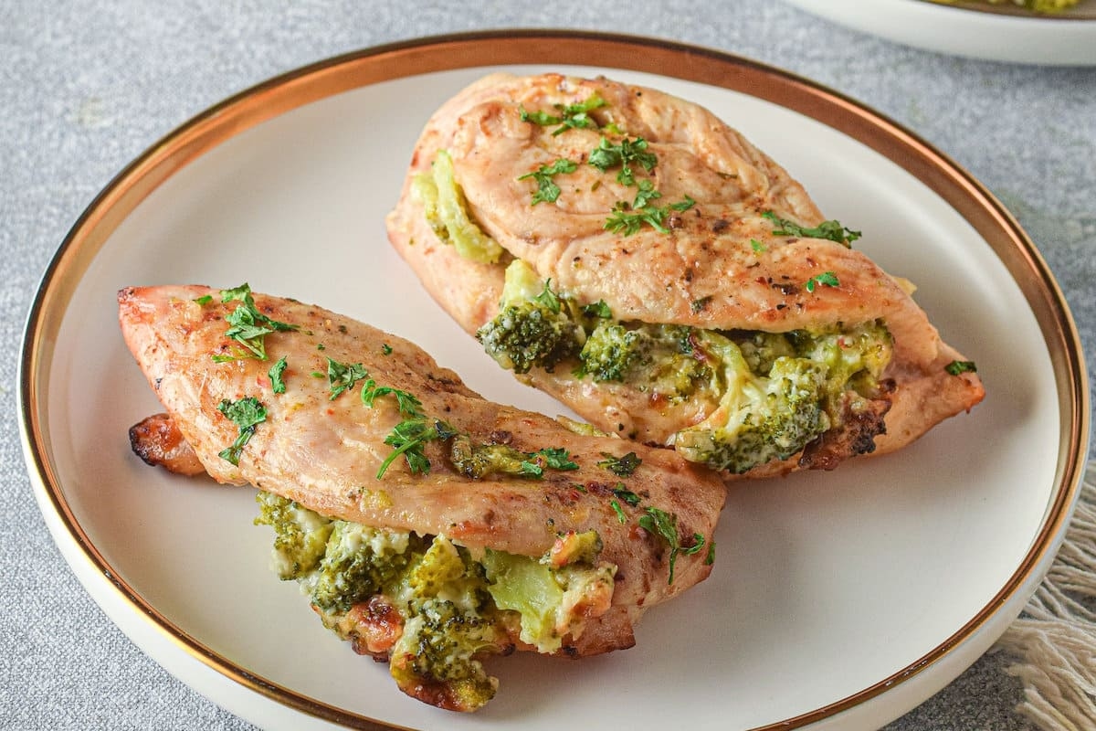 A delicious recipe featuring tender chicken breasts and steamed broccoli on a plate.