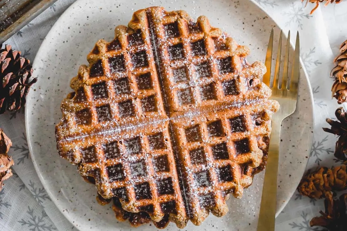 Waffles with powdered sugar on a plate.