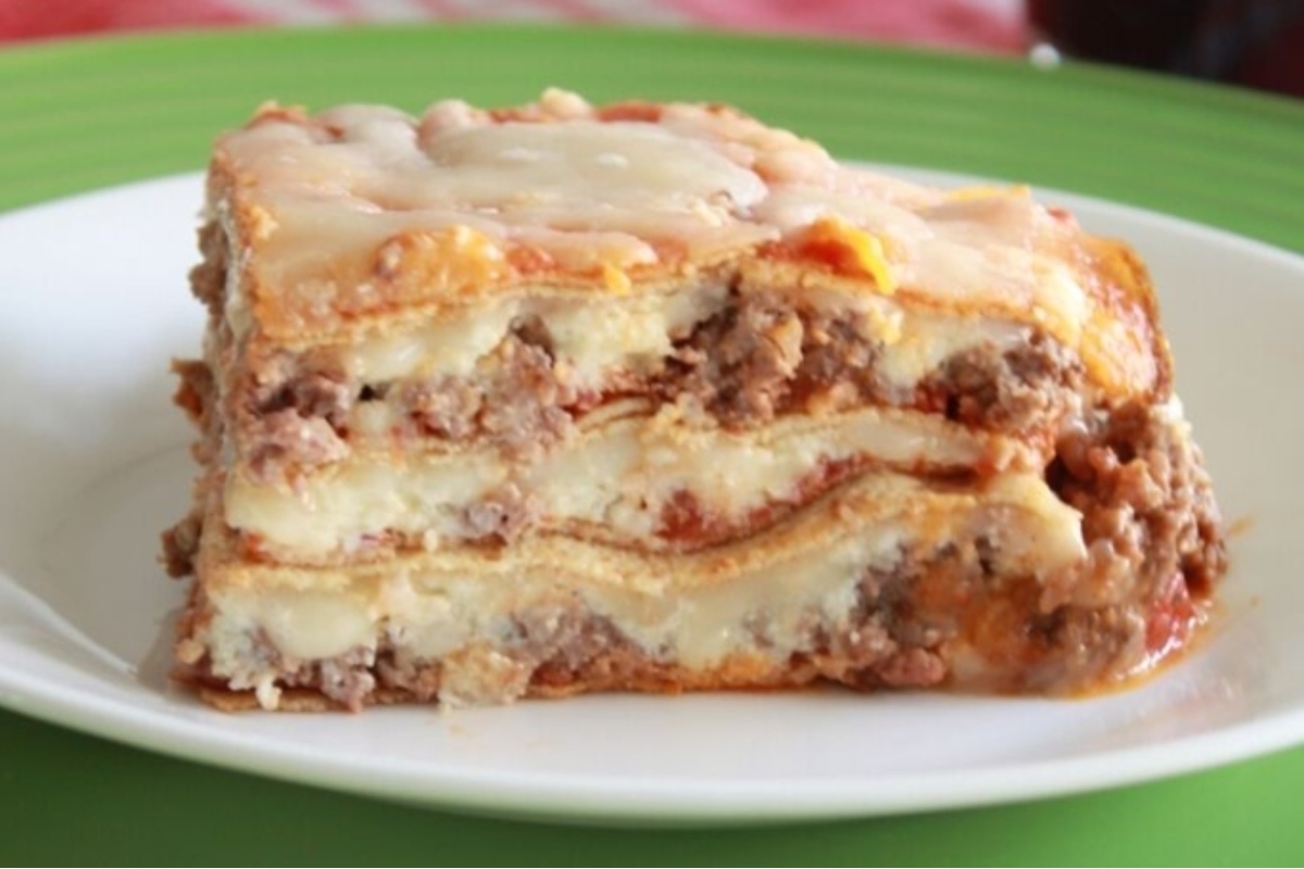 A low carb slice of lasagna on a plate.