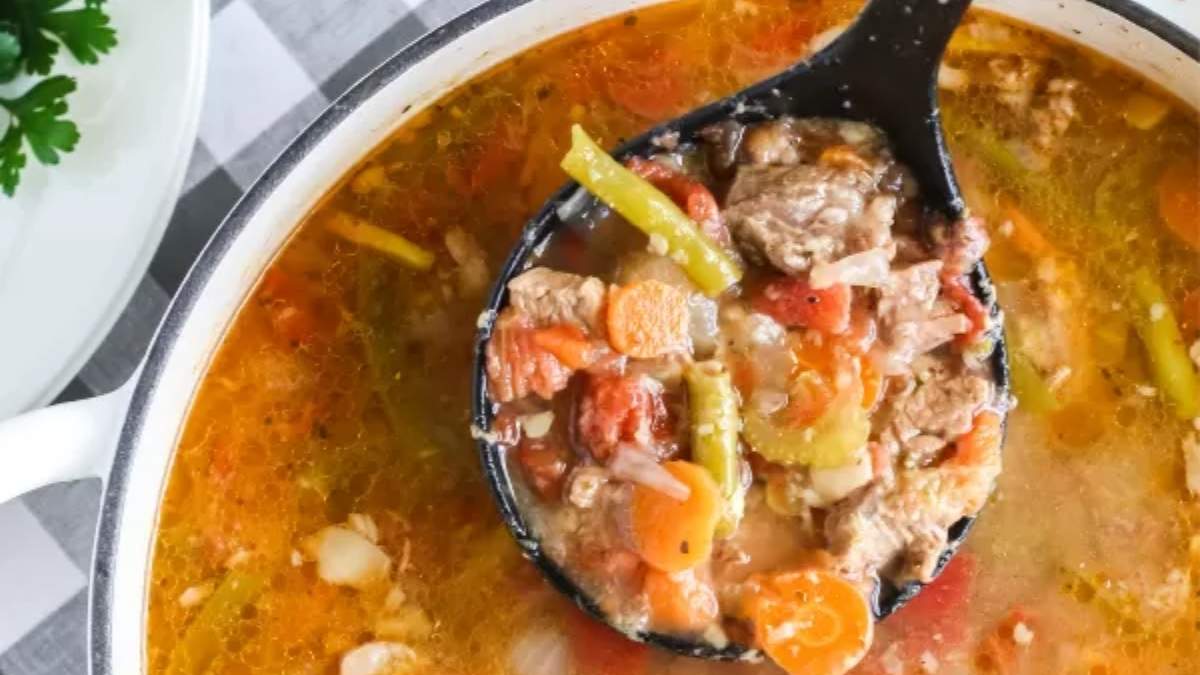 25 Tasty Filling Beef Soup Recipes 5 A pot of soup recipe, featuring a flavorful options with meat and vegetables.