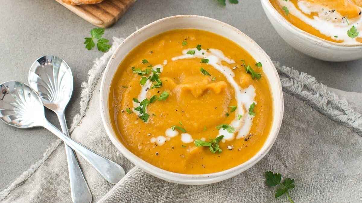 Winter Soup Recipes to Warm You Up 10 Pumpkin and sweet potato soup in a bowl.