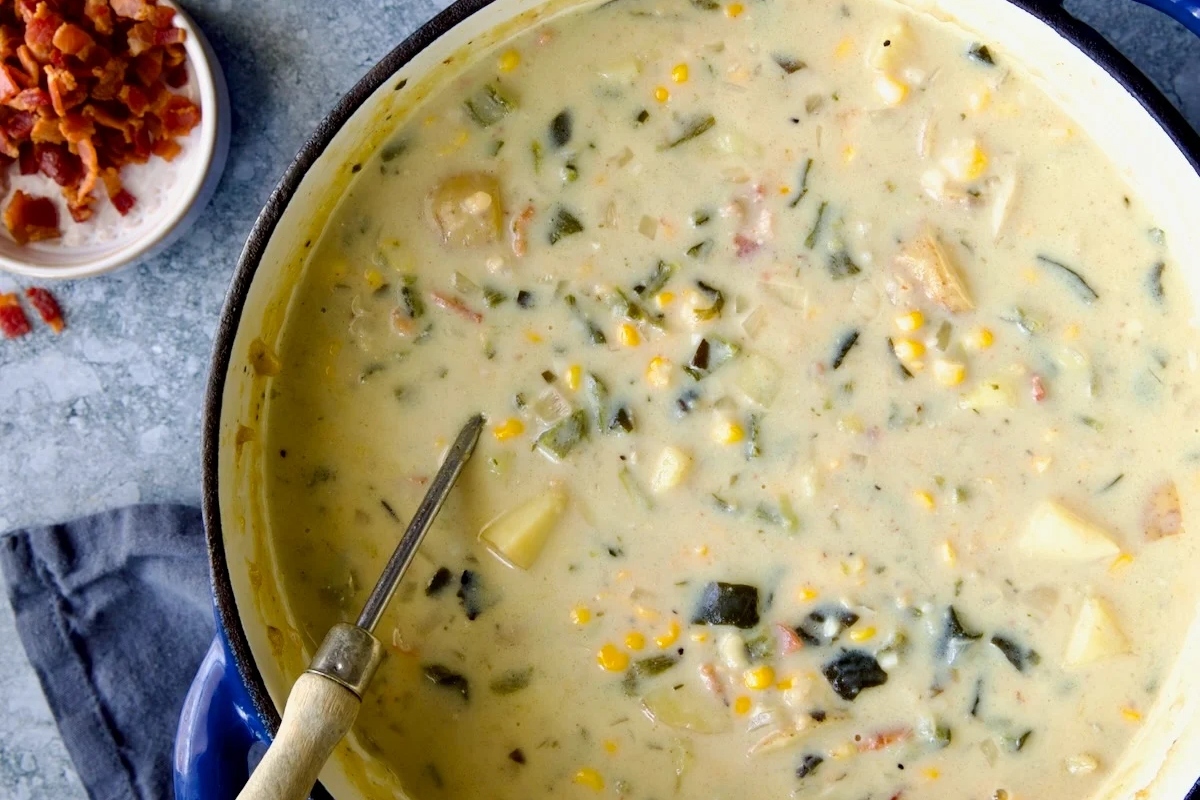 A delicious chowder recipe made with bacon and vegetables.