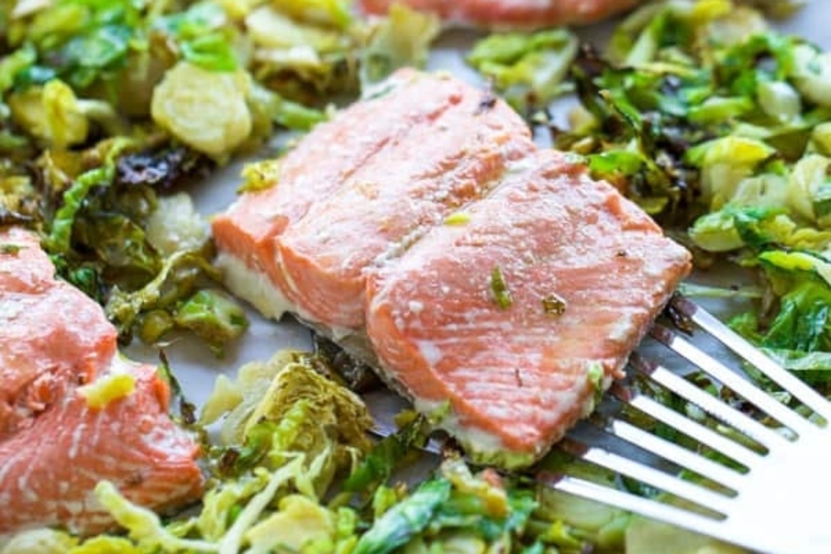 Low Carb Dinner: Salmon and brussels sprouts on a plate.