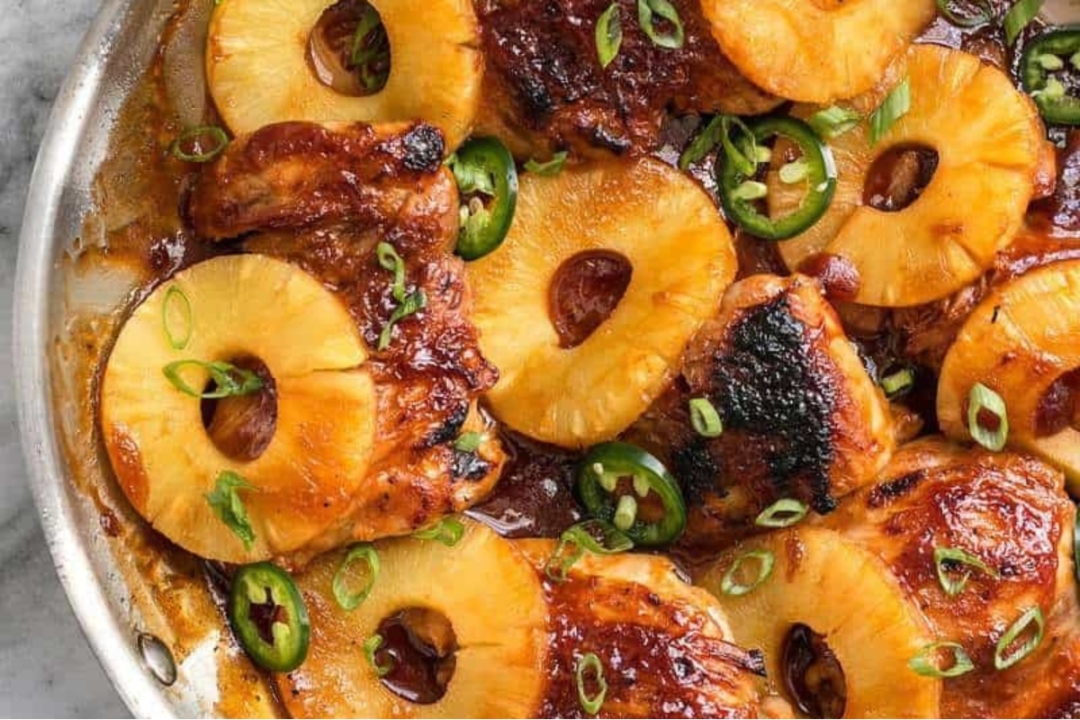 Keywords used: Chicken, Skillet

Description with modified keywords: Chicken thighs cooked in a skillet with juicy pineapples and a hint of jalapenos.