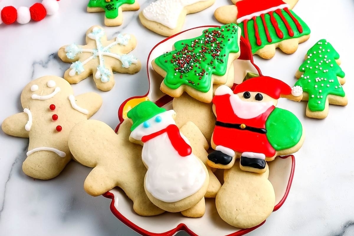 Themed Christmas cookies decorated with Santa Claus.