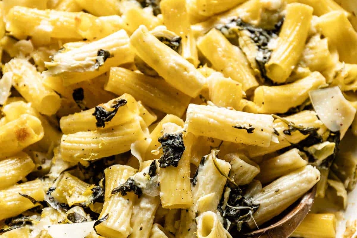 A Make Ahead pasta dish with spinach and cheese.