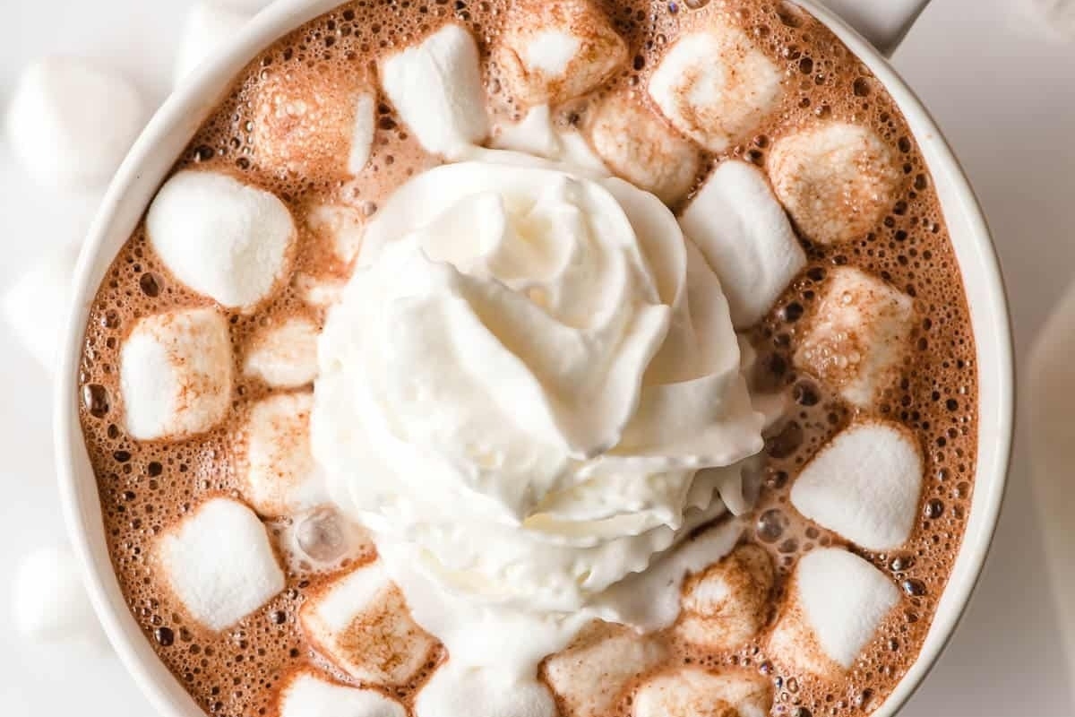 A steaming cup of cocoa with marshmallows and whipped cream.