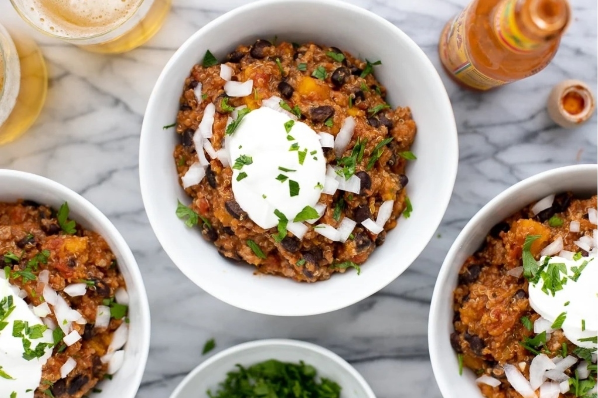 Slow Cooker black bean chili with sour cream.