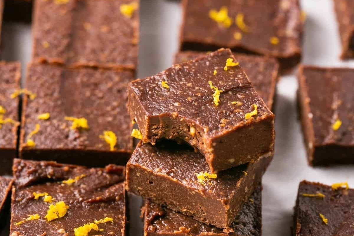 A Christmas-inspired pile of chocolate fudge with a zesty twist of orange.