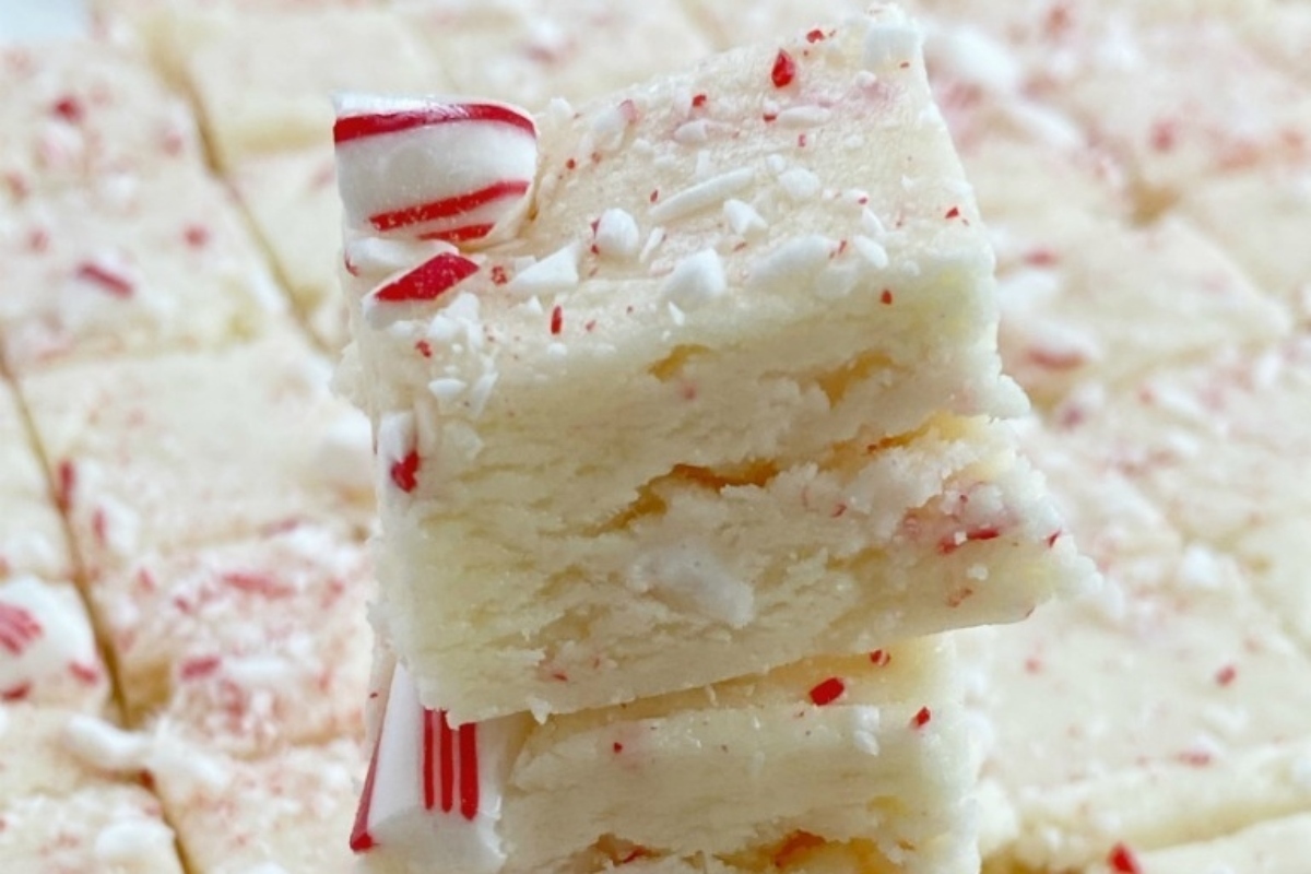 A stack of Christmas fudge on a white plate.
