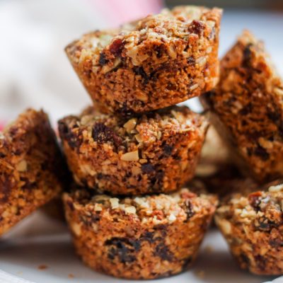 A stack of Aussie Bites copycat recipe granola muffins on a plate.