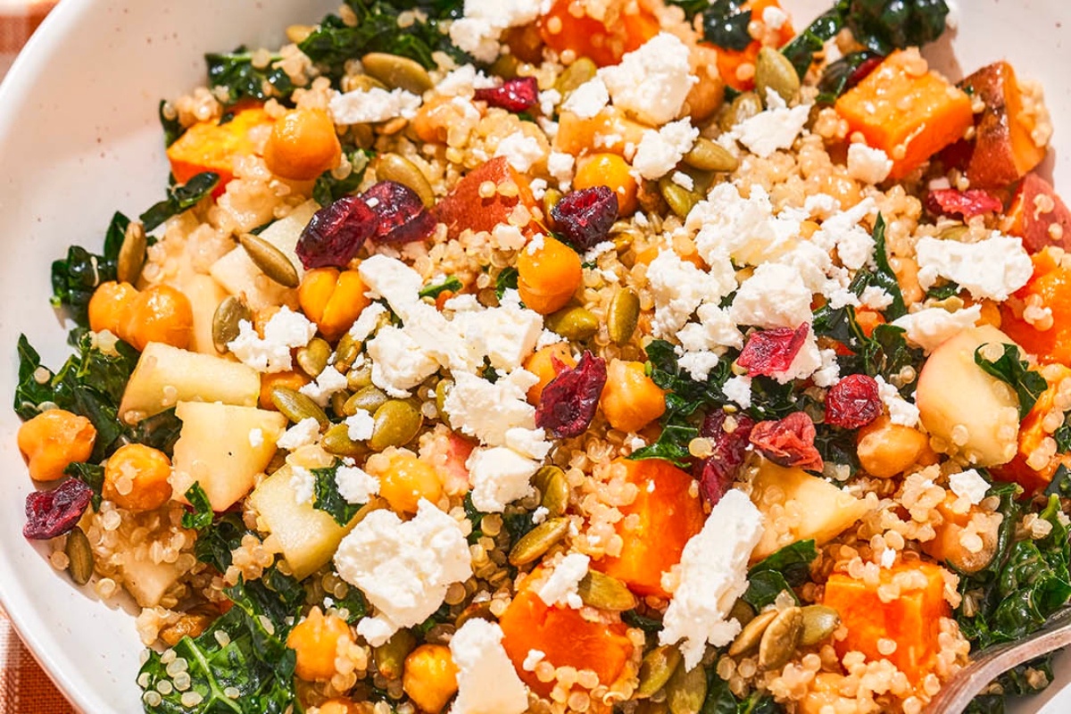 Loaded vegetable quinoa salad with kale and feta.