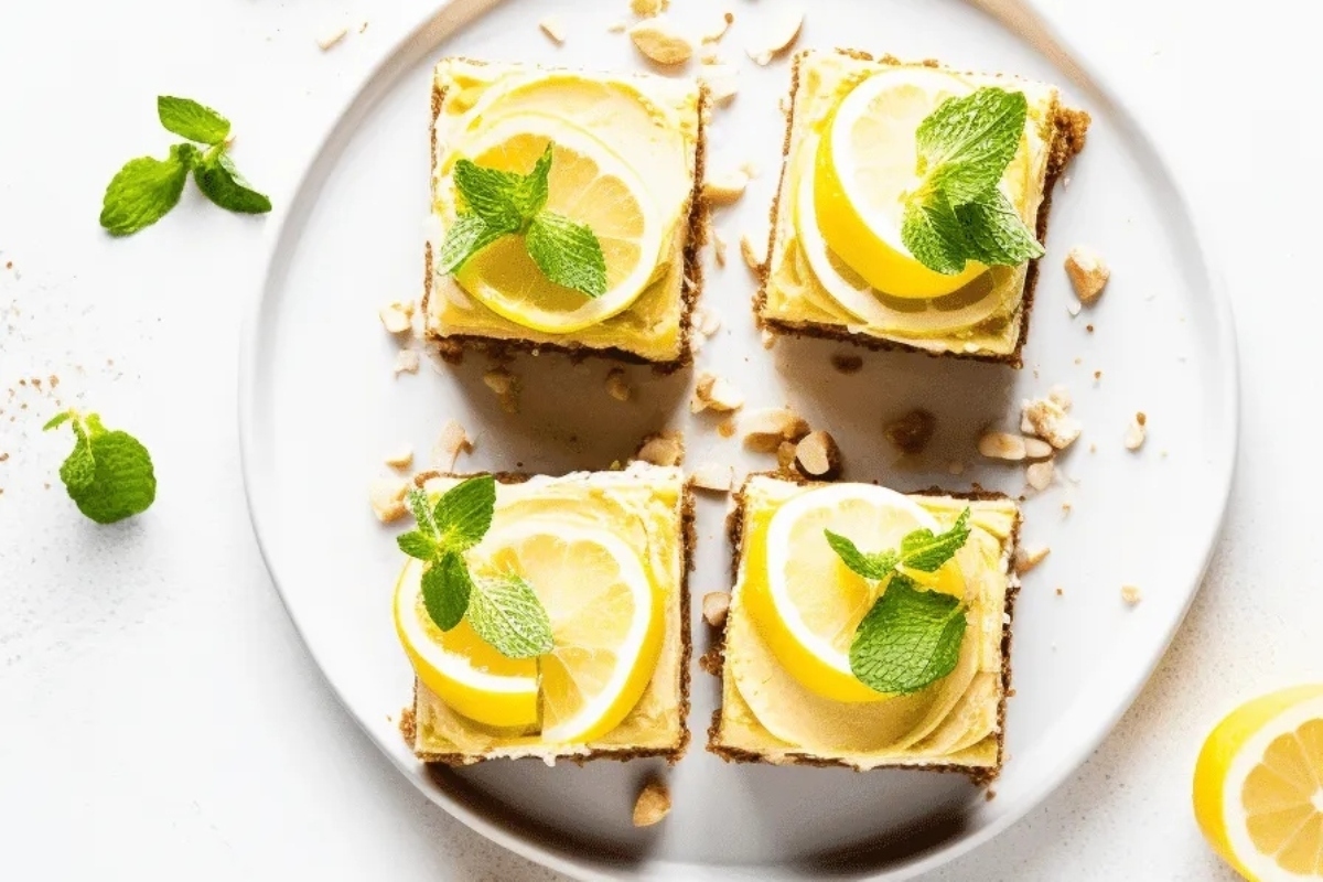 Lemon bars on a white plate with mint leaves.
