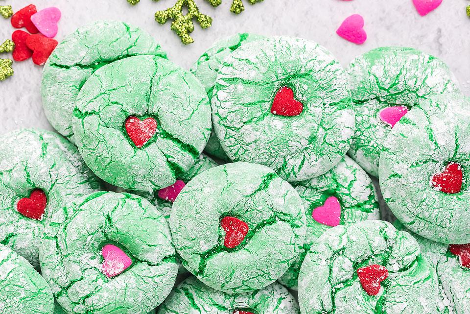 Freezable Valentine's day crinkle cookies with sprinkles and hearts.