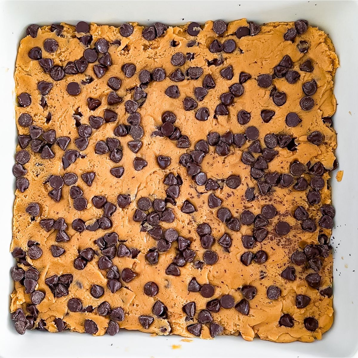 Peanut butter chocolate chip cookie bars in a baking dish.