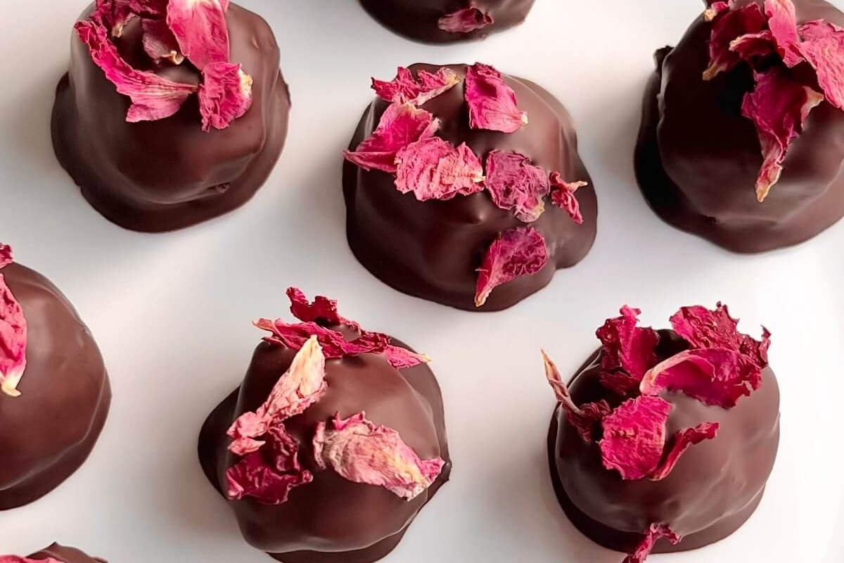 Valentine's Day desserts - chocolate covered roses on a white plate.