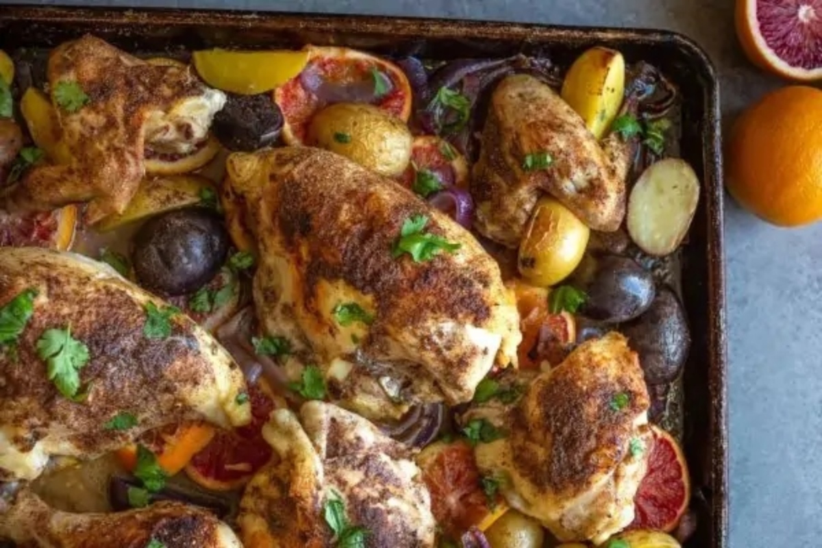 Winter dinner featuring roasted chicken with blood oranges and potatoes on a baking sheet.