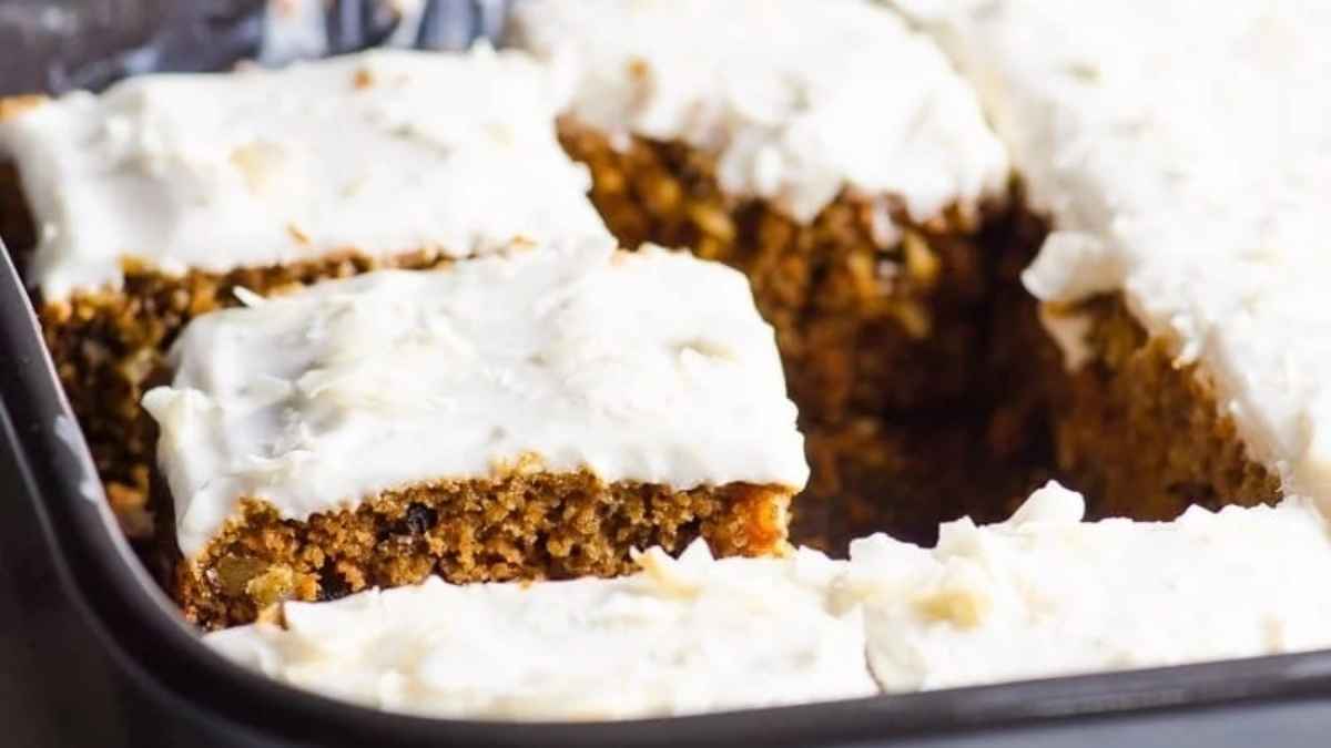 Carrot cake on a tray.