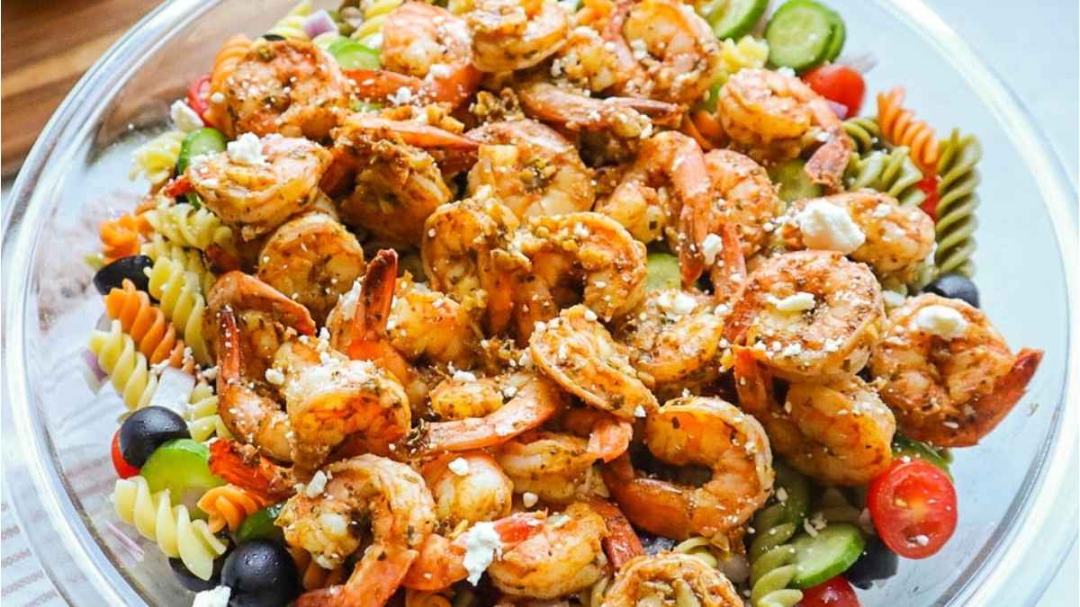 Healthy Shrimp Pesto Pasta Salad.