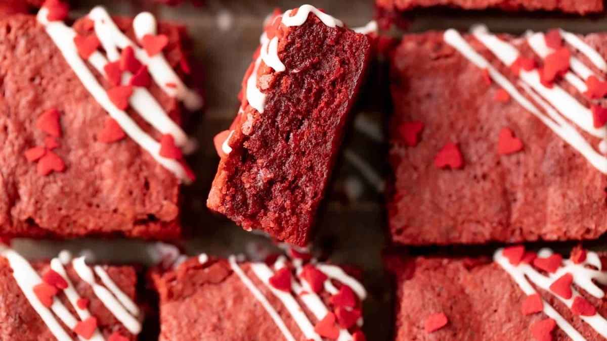 Pink Desserts 3 Red Velvet Brownies With Cream Cheese Drizzle.
