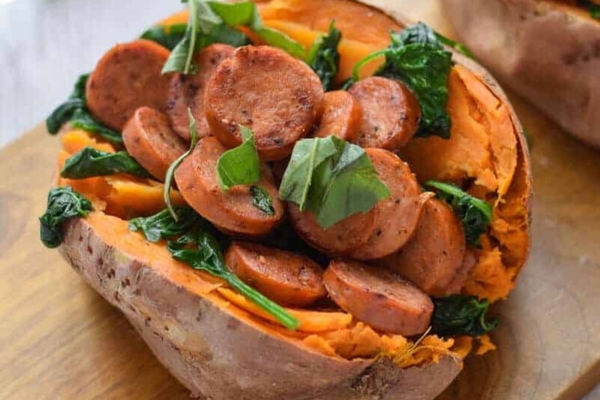 Stuffed sweet potatoes with sausage and spinach.