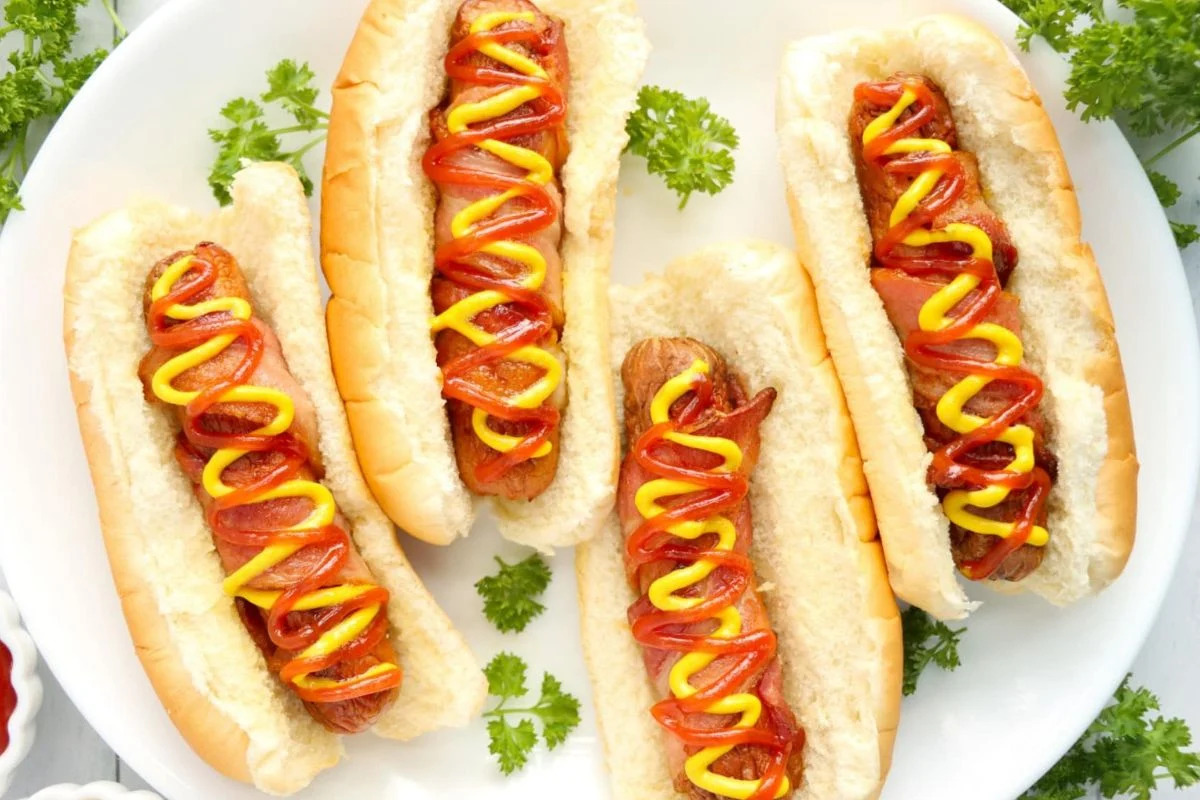 Air Fryer Bacon Wrapped Hot Dogs. 