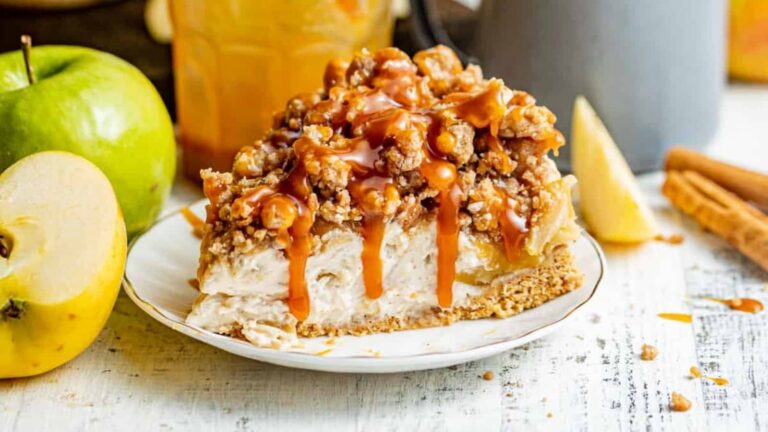 Apple Pie Stuffed Cheesecake recipe by Britney Breaks Bread.