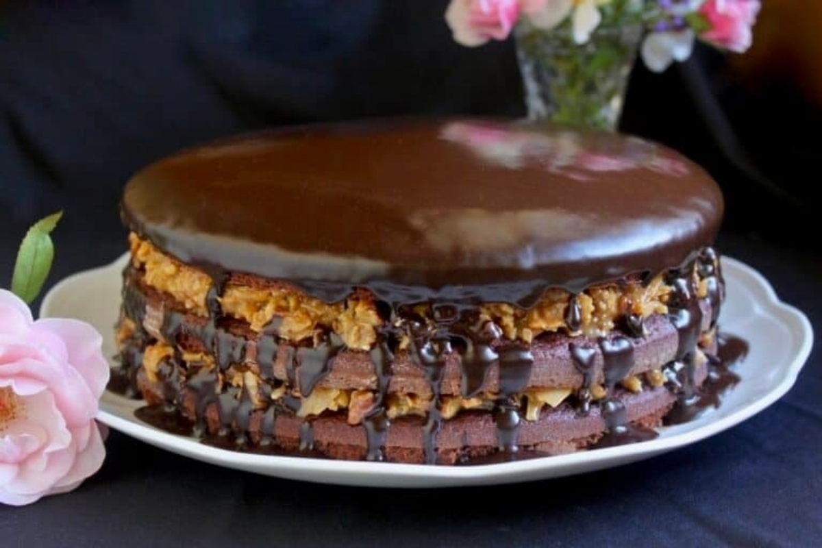 German Chocolate Cake (Triple Layer Recipe With Chocolate Ganache).