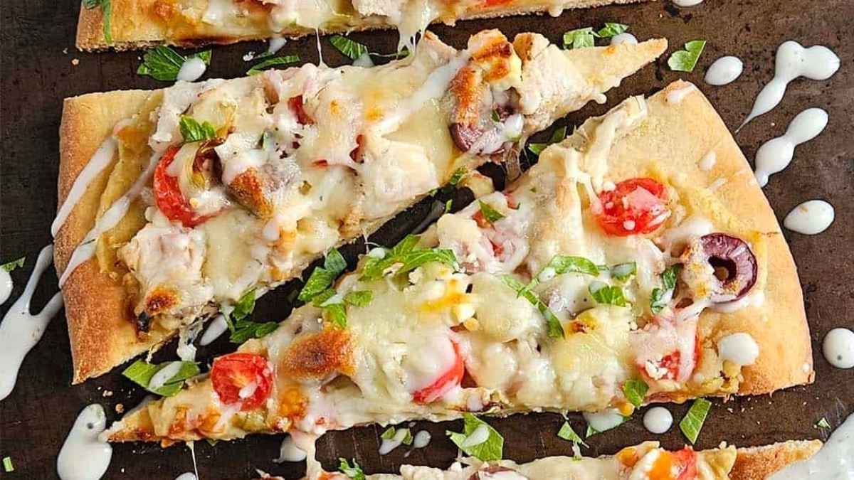 Greek Chicken Flatbread Pizza.