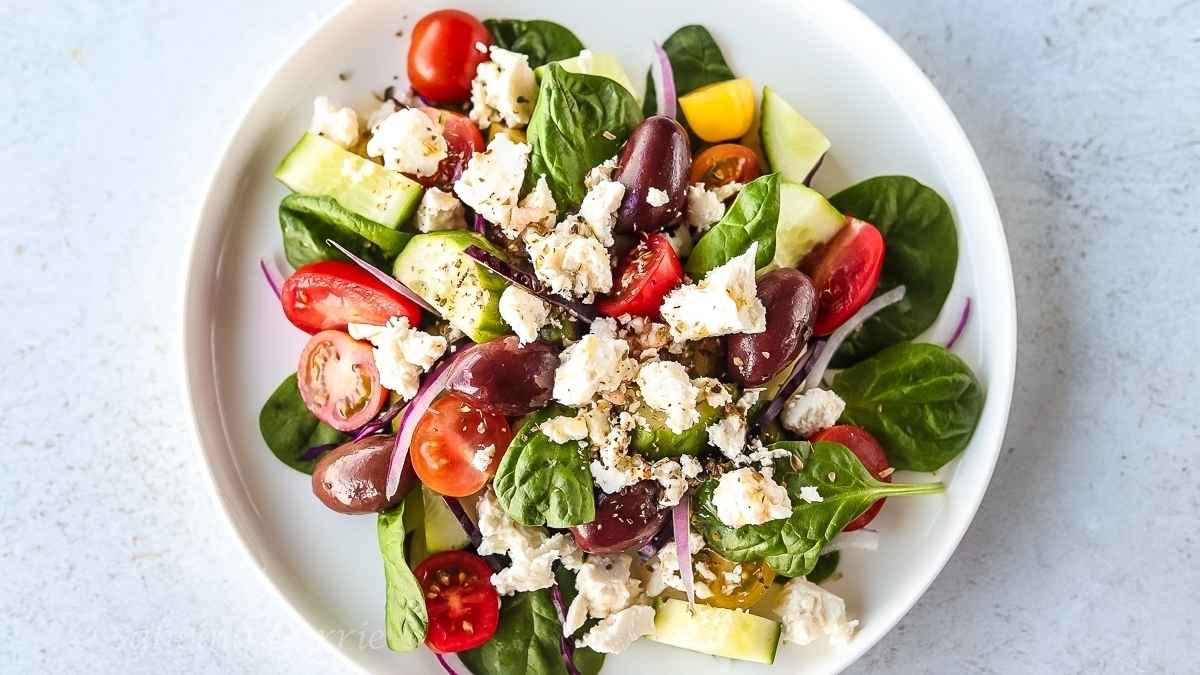 Greek Spinach Salad With Feta + Fresh Lemon Dressing. 