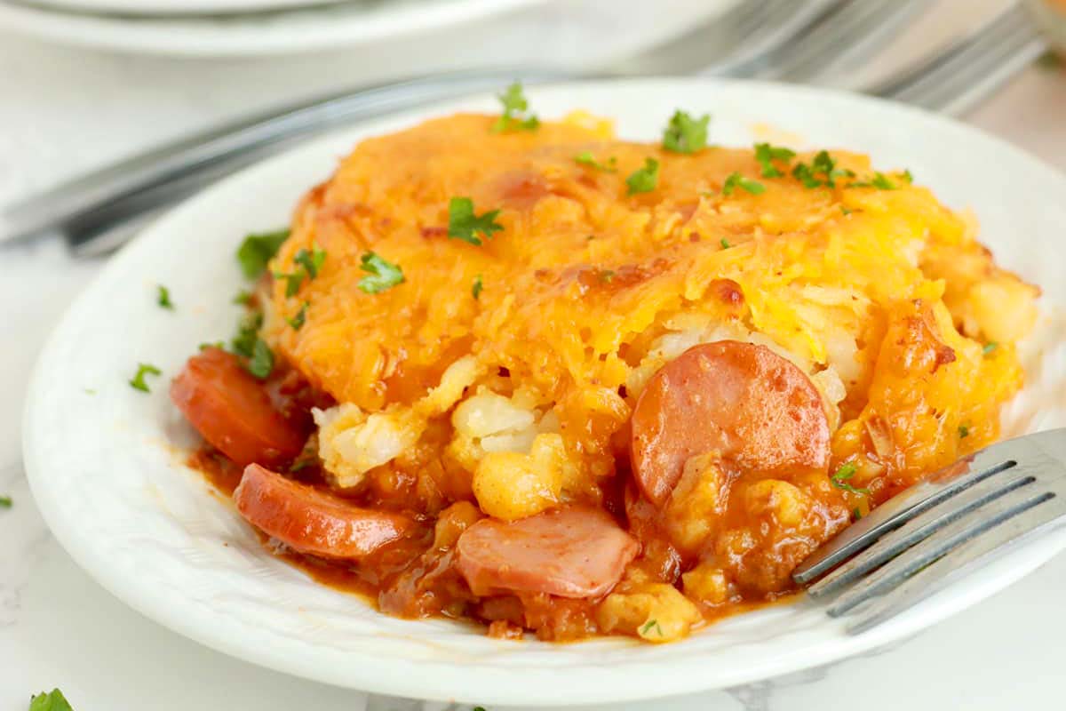 Hot Dog Casserole with Tater Tots.