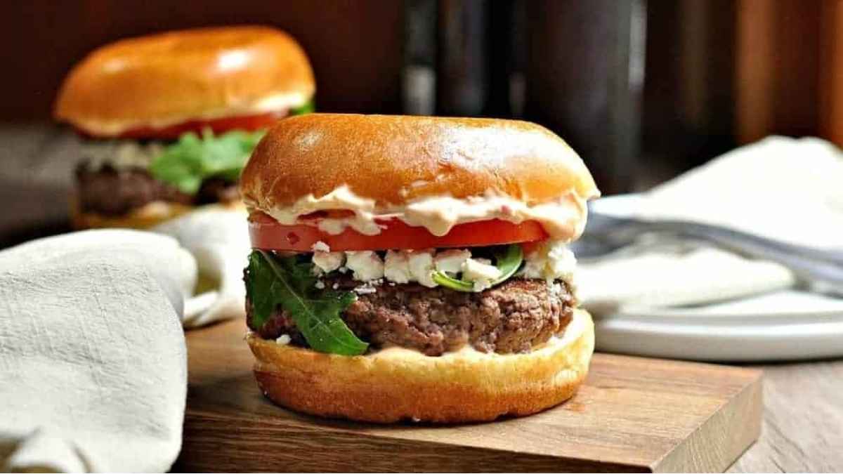Greek Style Lamb Burgers With Feta & Harissa Aioli.