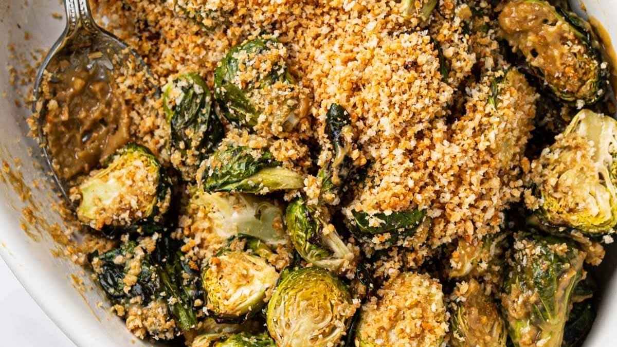 Miso Sesame Air Fryer Brussels Sprouts. 