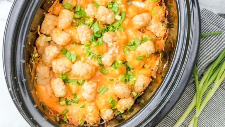 Slow Cooker Chicken Bacon Ranch Tater Tot Casserole.