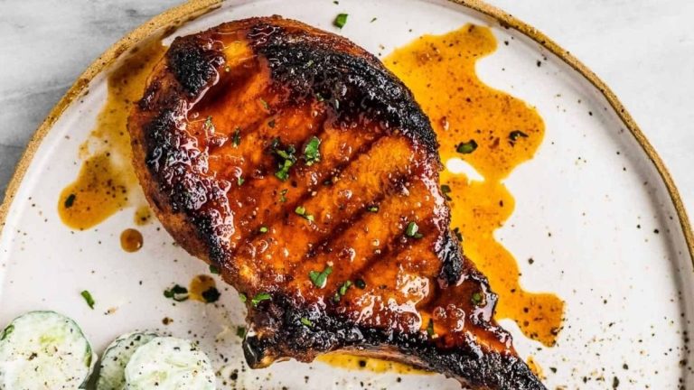 Tomahawk Pork Chops With Honey Garlic Sauce.