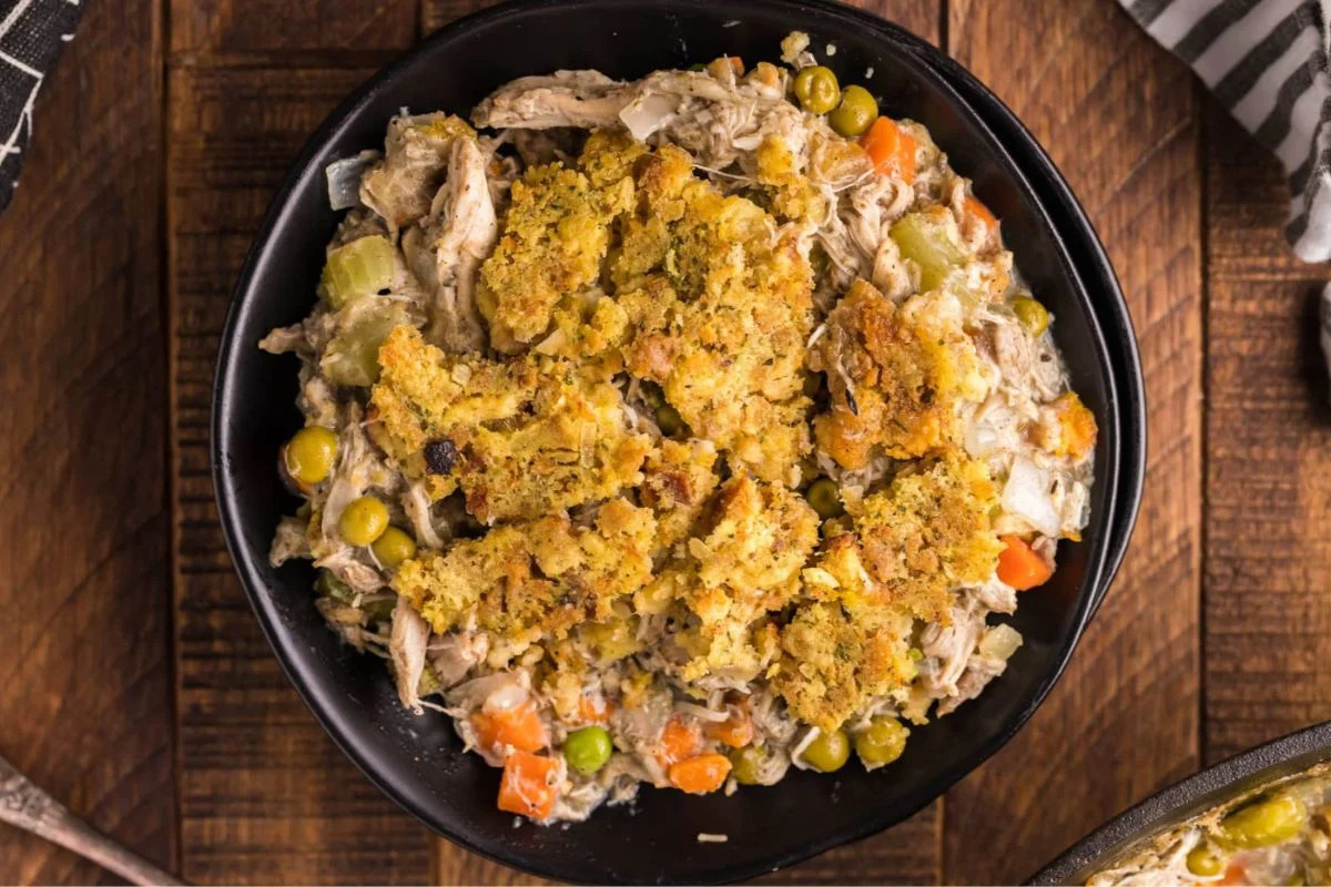 Chicken or Turkey Pot Pie With Stuffing Crust.