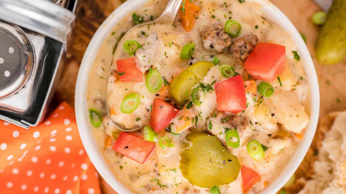A bowl of cheeseburger soup.