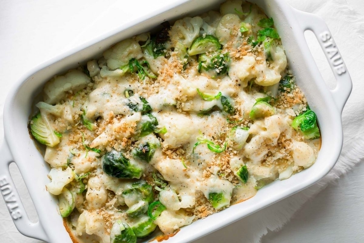 Creamy Cauliflower And Brussels Sprout Casserole.