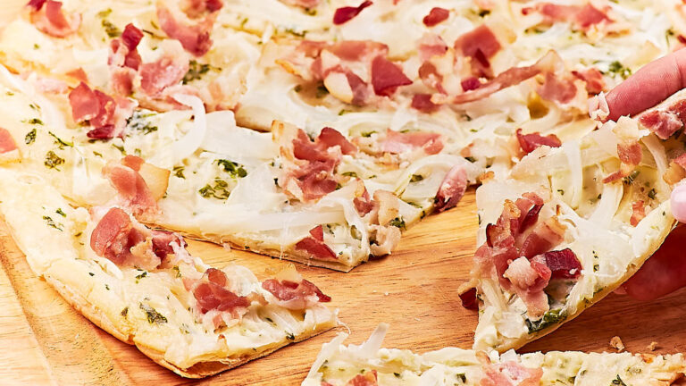 German Bacon and Onion Pizza recipe by Cheerful Cook.