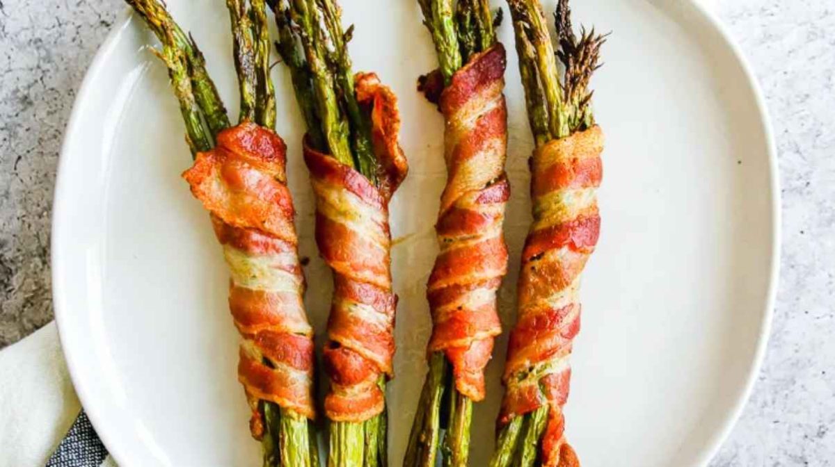 Air Fryer Bacon Wrapped Asparagus. 
