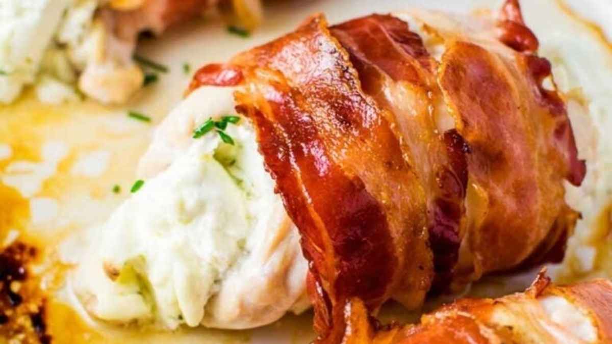 Bacon Wrapped Cream Cheese Stuffed Chicken. 