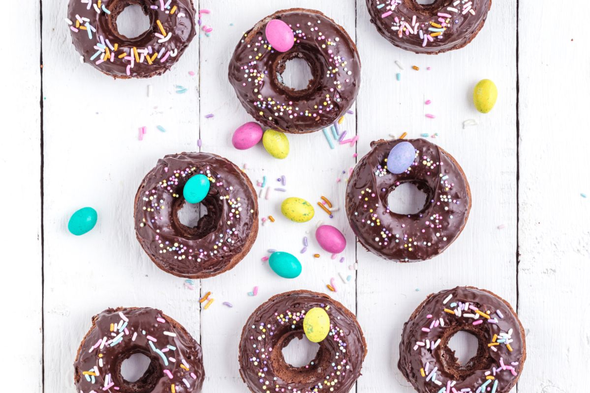 Baked Chocolate Frosted Candy Filled Chocolate Donuts