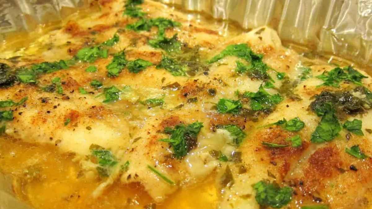 Baked Swai with White Wine Lemon Garlic Sauce. 