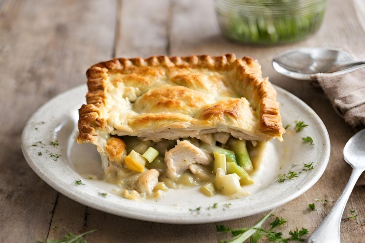 A chicken pot pie with vegetables on a plate.